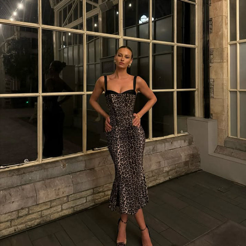 Women Clothing Sexy Sling Leopard Print Dress Slim Fit Sheath Dress Bella Mia